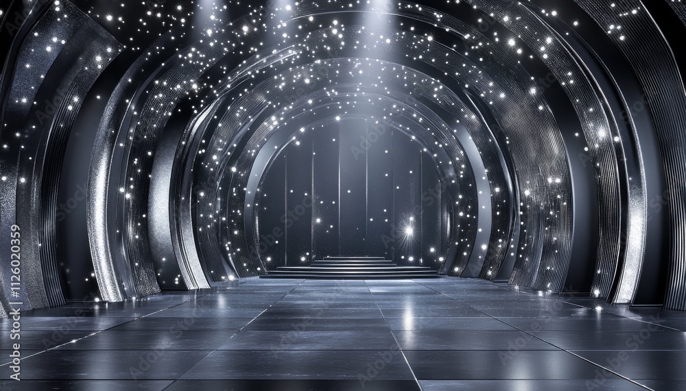 Silver black metalic ceremony award stage venue background. 3d stage background. Elegant venue concept.