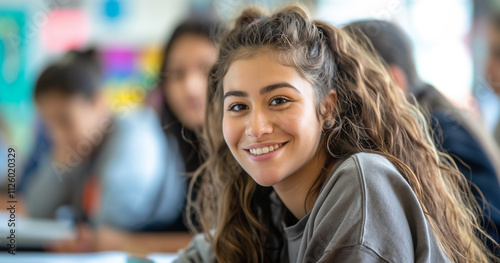 Happy Teenage Girl Smiles in Classroom Setting