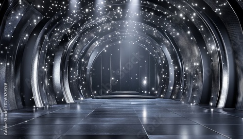 Silver black metalic ceremony award stage venue background. 3d stage background. Elegant venue concept. 