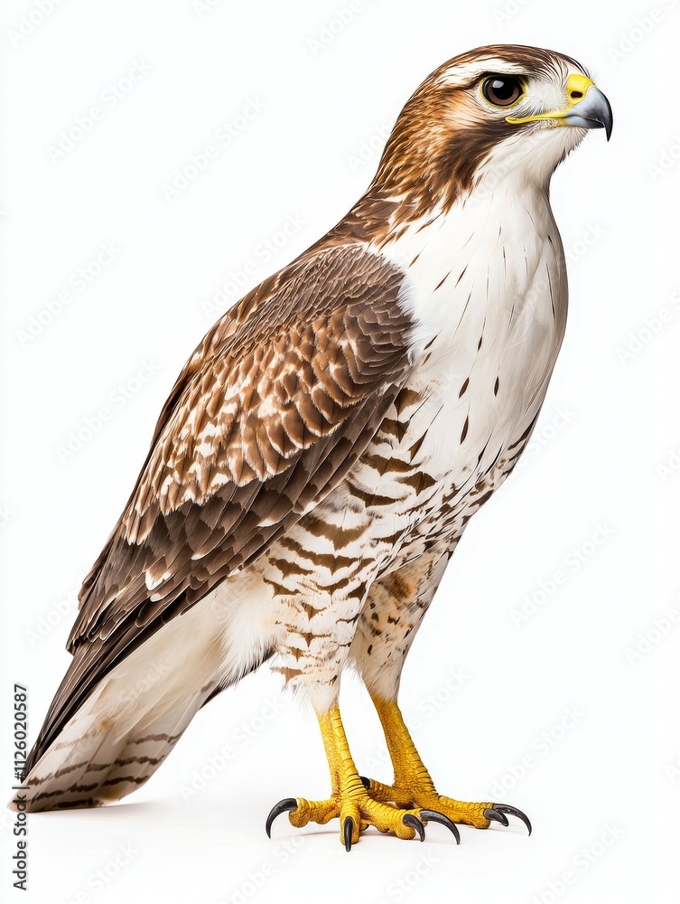 A large bird with a yellow beak stands on a white background A large bird with a yellow beak stands on a white background