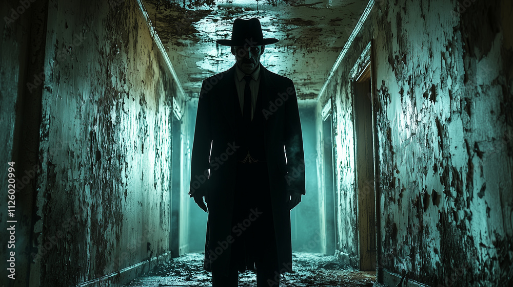 A mysterious silhouette stands in a dimly lit, eerie hallway, illuminated by foggy green light through a barred window. A mysterious silhouette stands in a dimly lit, eerie hallway, illuminated by foggy green light through a barred window.