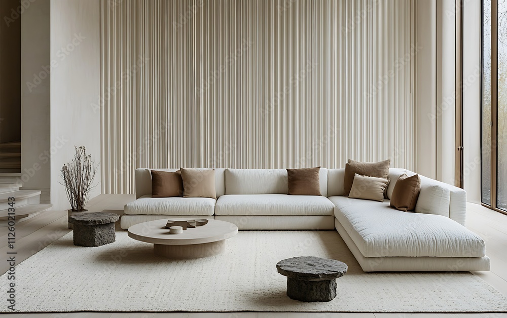 Fototapeta premium Minimalist living room interior with white sofa, beige curtains, and neutral decor.