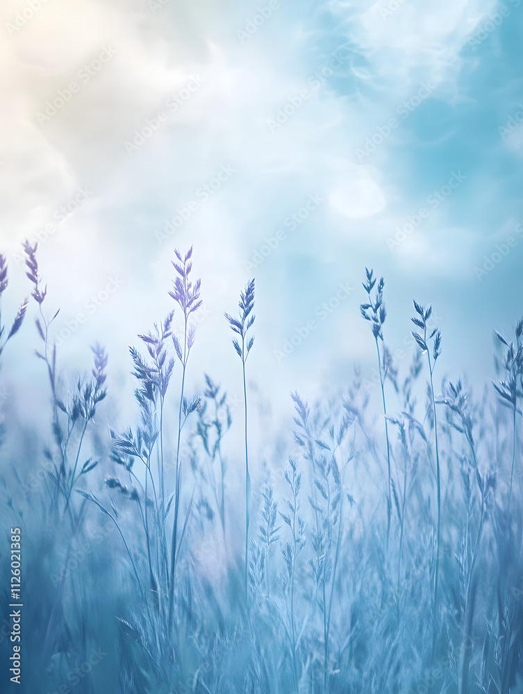 Obraz premium Serene Pastel Blue Meadow with Cloud-like Grass and Soft Light Beams