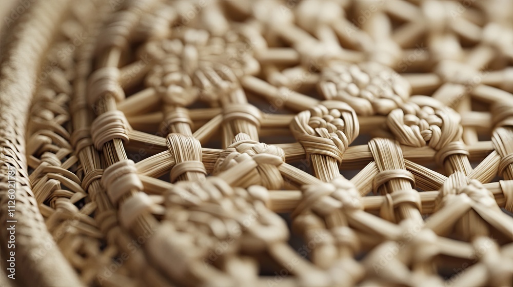 Obraz premium Close-up of intricate woven rattan texture with floral patterns.