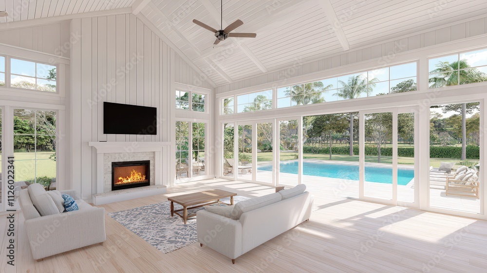 Fototapeta premium Luxurious Modern Living Room Design with Pool View