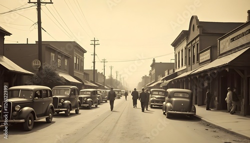 1930s Sepia Image of a Small Town Street Scene with Daily Life