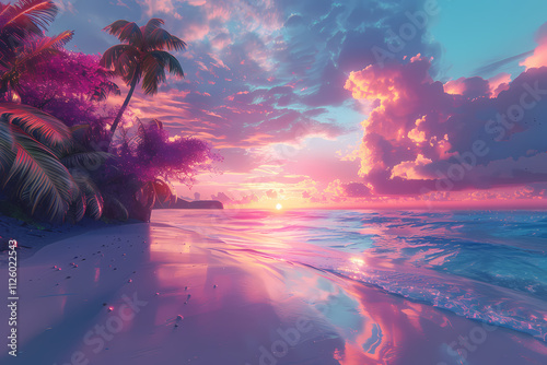 A serene beach at sunset with vibrant pink and purple hues, surrounded by lush palm trees and gentle waves.
