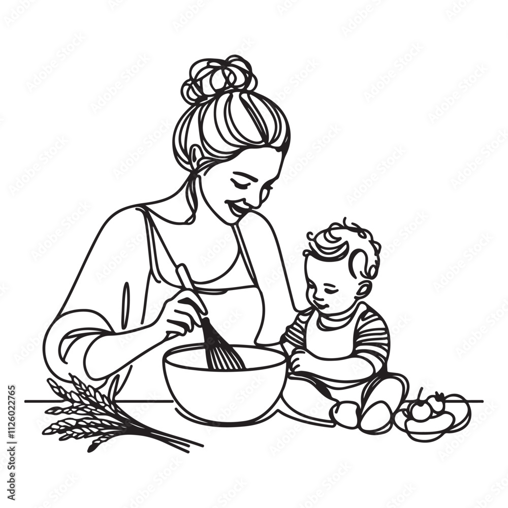 A continuous line art illustration of a mother cooking with her child A continuous line art illustration of a mother cooking with her child