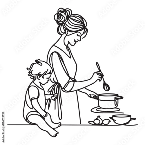 A continuous line art illustration of a mother cooking with her child