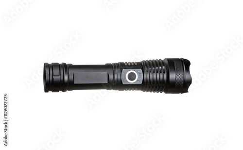 Modern metal LED flashlight in black color. Portable flashlight isolate on a white background