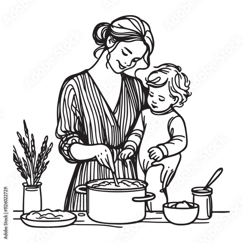 A continuous line art illustration of a mother cooking with her child