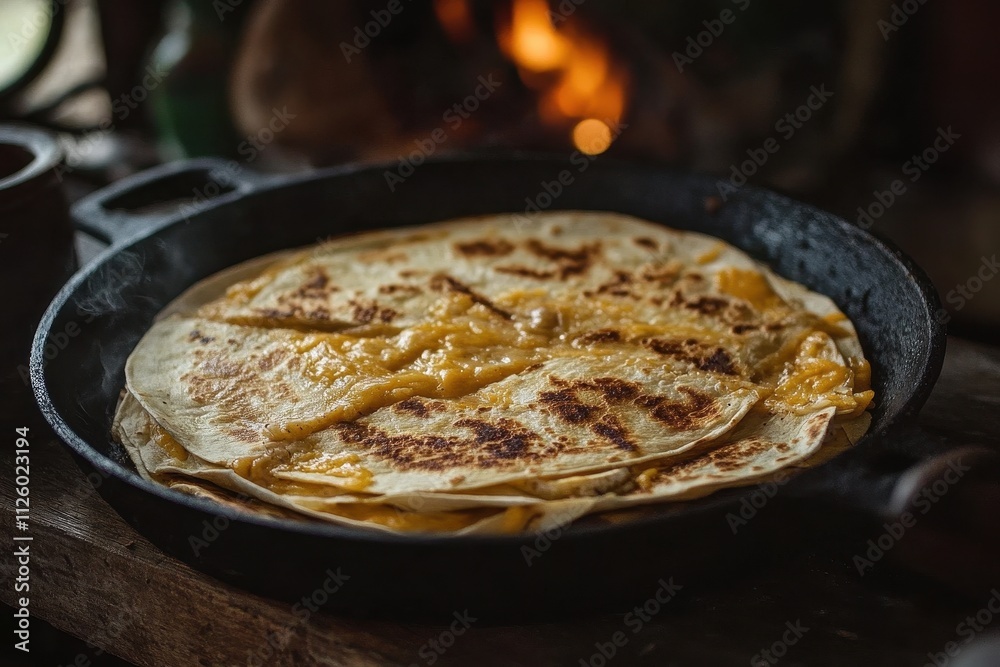 Golden-brown quesadillas in a cast iron skillet, cheese melting. Perfect for food blogs, restaurant menus, or recipes showcasing cheesy comfort food.