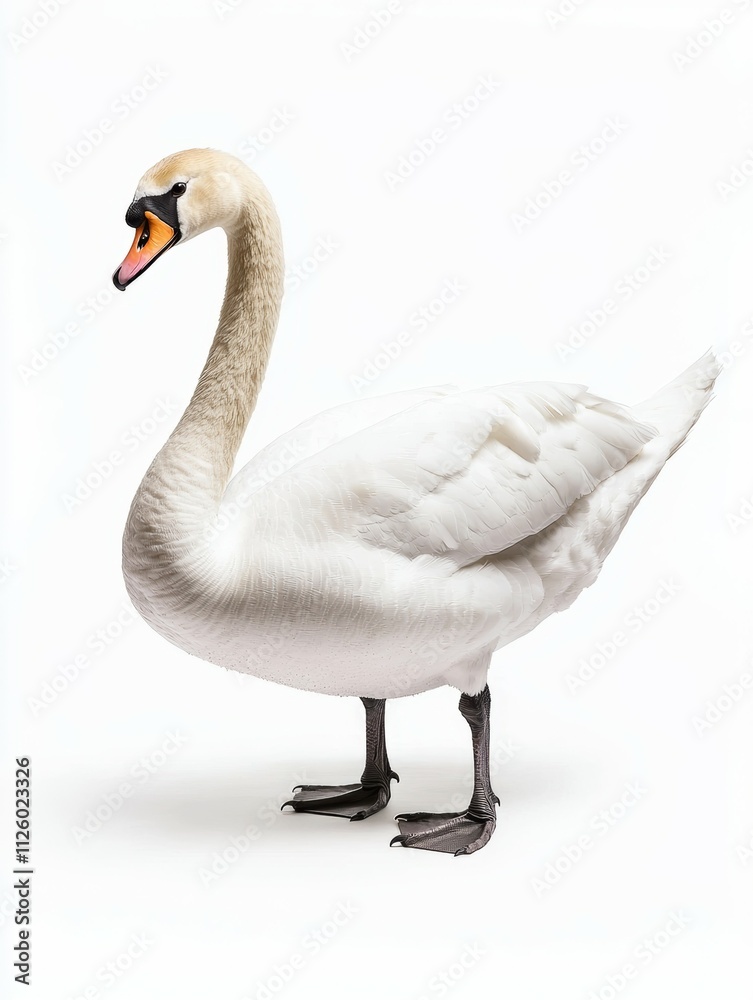 A white swan standing on a white background A white swan standing on a white background