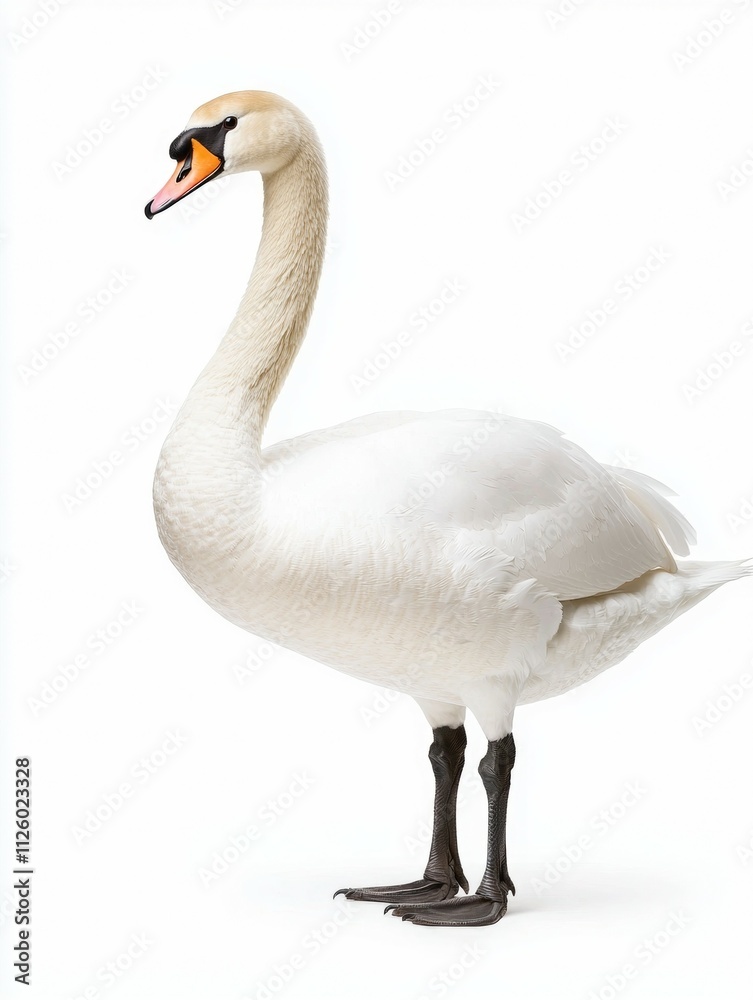 A white swan standing on a white background A white swan standing on a white background
