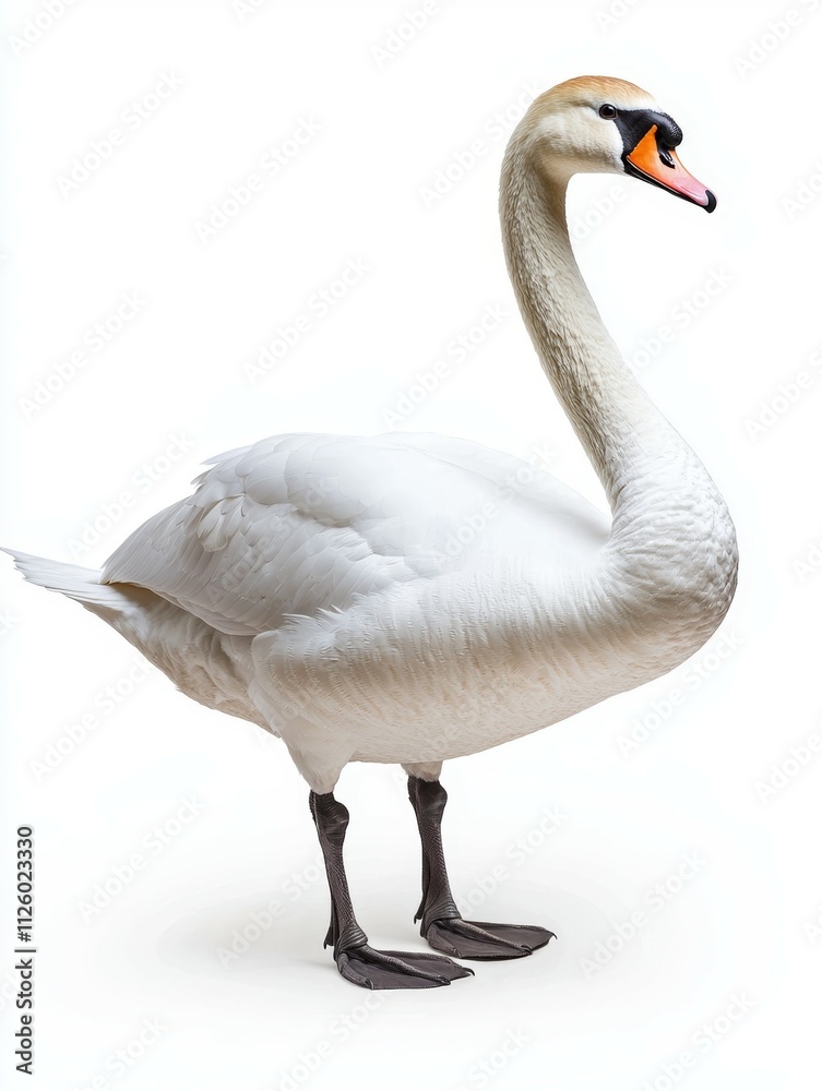 A white swan standing on a white background A white swan standing on a white background