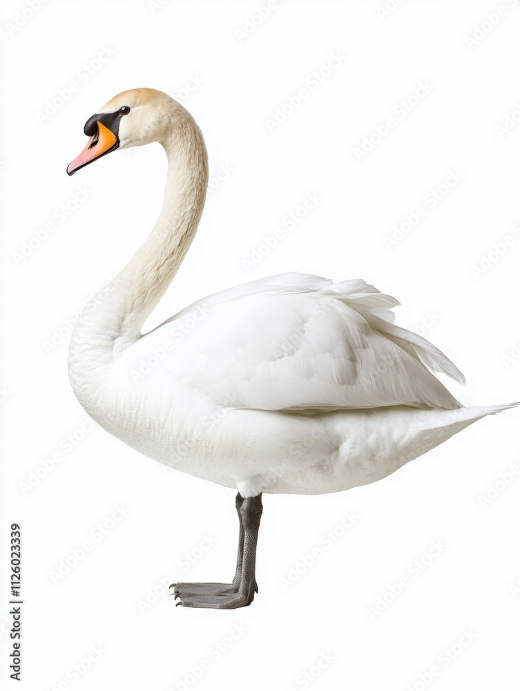 A white swan standing on a white background A white swan standing on a white background