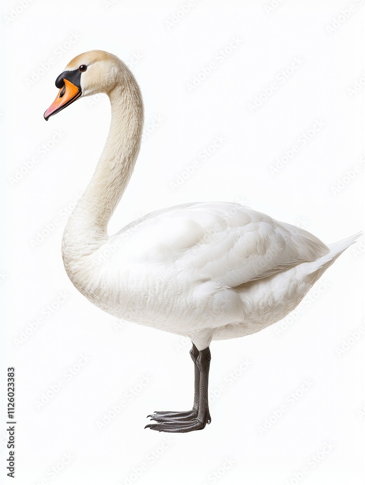 A white swan standing on a white background A white swan standing on a white background