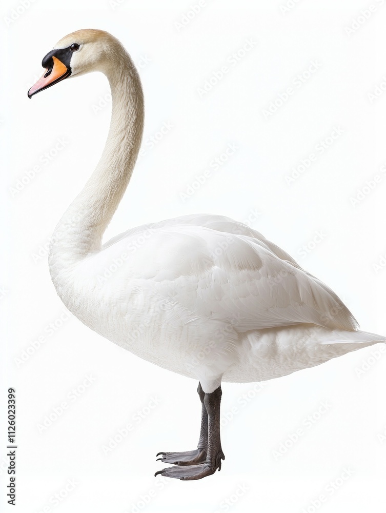 A white swan standing on a white background A white swan standing on a white background