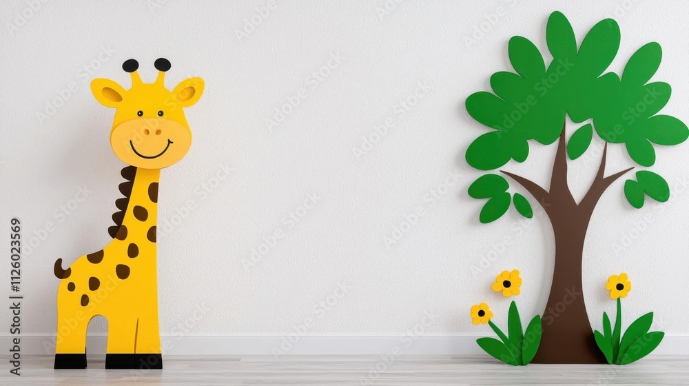 Fototapeta premium A living room decorated with a giraffe reaching for leaves on a tree. High Quality