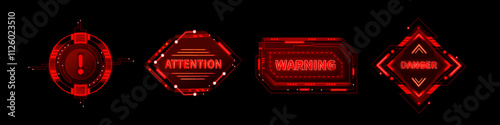 Red hud danger alert. Cyber ui error frame sign. Tech caution hologram for interface. Futuristic scifi warning message graphic element. Military dashboard panel with emergency label and attention