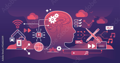 Brain-Computer Interfaces concept with neural connections, gears, and digital icons. Dark theme outline style illustration.