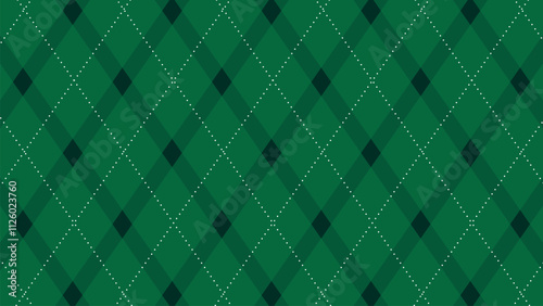 Christmas Seamless vivid geometric background for fabric, textile, men clothing, wrapping paper. Argyle vector pattern. Dark green with thin slim golden dotted line.
