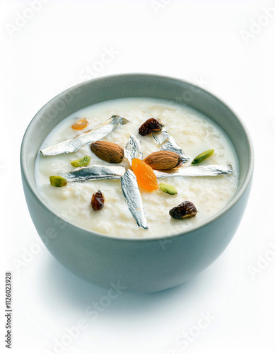 Creamy Rice Pudding Dessert with Nuts Silver Leaf Garnish photo