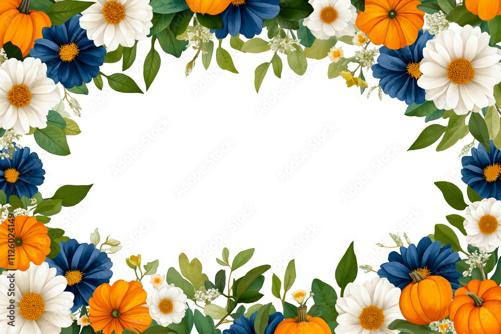 Fototapeta premium A border of pumpkins and daisies on a white background