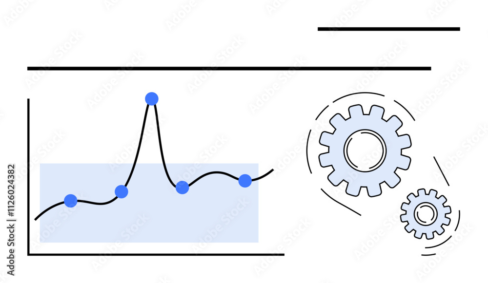 Graph with data points and gears illustrate analytics optimization tech innovation efficiency, progress, growth. Ideal for business, finance, technology, engineering, management, productivity Graph with data points and gears illustrate analytics optimization tech innovation efficiency, progress, growth. Ideal for business, finance, technology, engineering, management, productivity