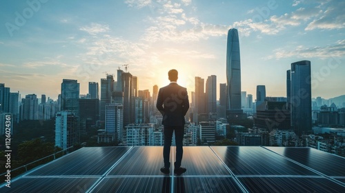 A businessman standing on a rooftop with a cityscape powered by renewable energy in the background, symbolizing net zero ambitions