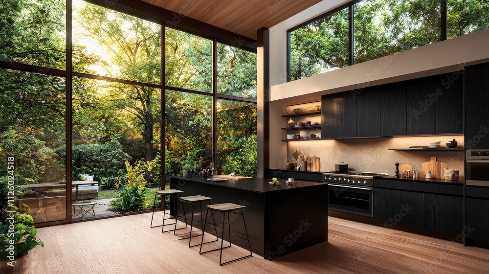 Modern Kitchen Design Black Island Large Windows Nature View Modern Kitchen Design Black Island Large Windows Nature View