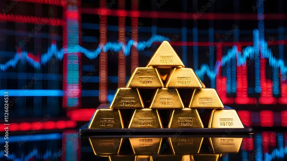Pyramid of gold bars on black platform with market graphs in background