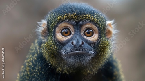 Close-up portrait of a green monkey (Chlorocebus sabaeus), sitting on a log in the wild in Gambia (Africa) 