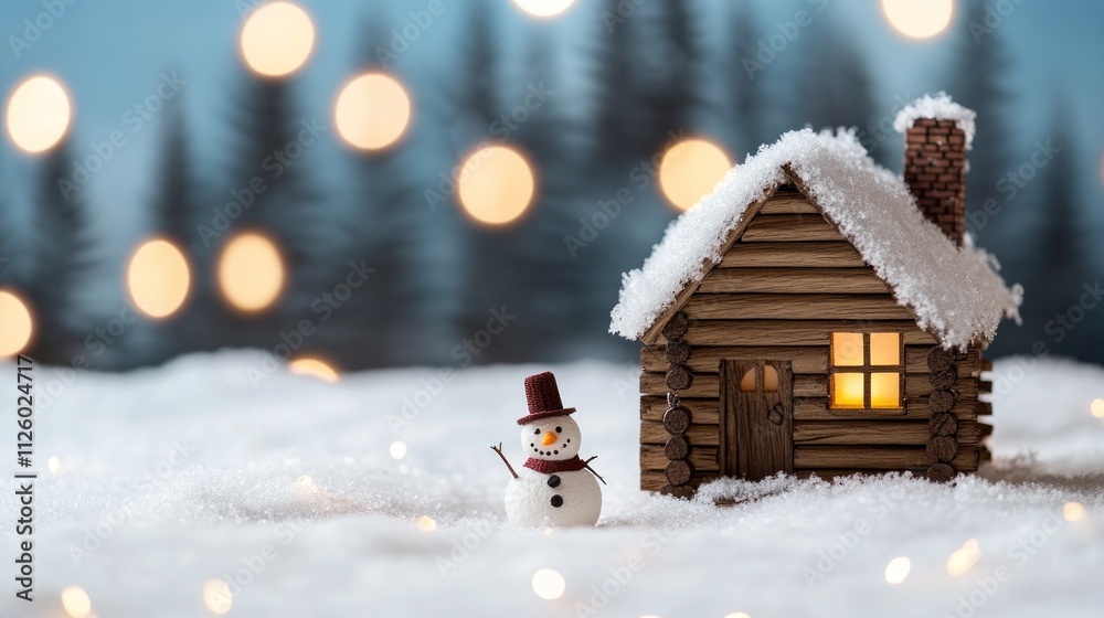 Naklejka premium Cozy snow-covered cabin with glowing window light