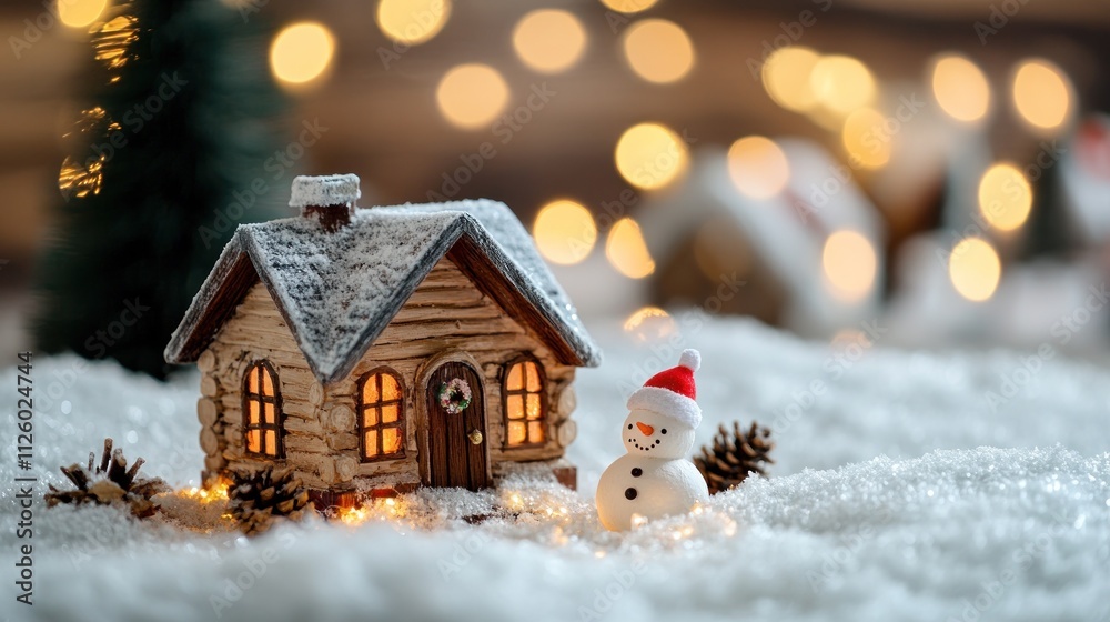 Rustic snowy cabin with snowman and festive lights. Rustic snowy cabin with snowman and festive lights.