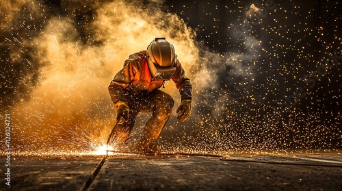 Hardworking Welder Crafting Metal in Dimly Lit Industrial Workshop