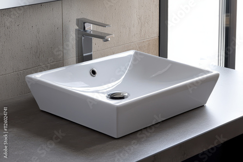 Minimalist bathroom sink with sleek design and modern faucet, perfect for contemporary spaces. clean lines and glossy finish create stylish and functional centerpiece photo