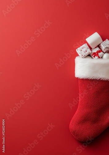 St. Nicholas Day Stocking Filled with Gifts on Red Background Christmas, New Years Eve, Festive Holiday Celebration photo