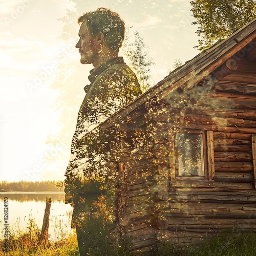 Tranquil Farmer s Silhouette in Majestic Mountain Landscape photo