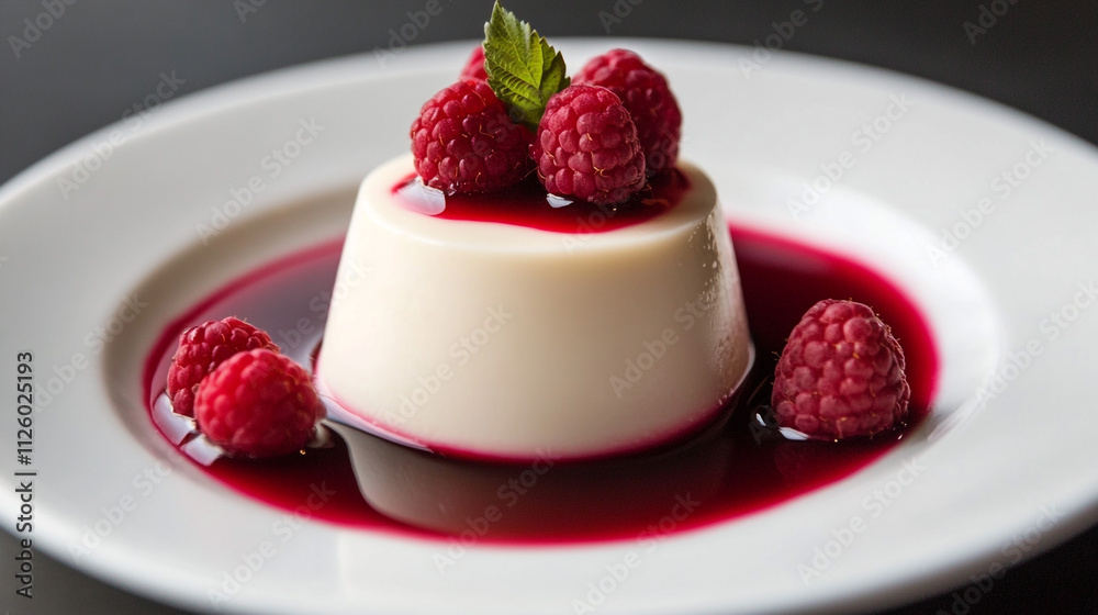Elegant Dessert of Vanilla Panna Cotta with Fresh Raspberries. A silky vanilla panna cotta paired with tart raspberries, ideal for any special occasion Elegant Dessert of Vanilla Panna Cotta with Fresh Raspberries. A silky vanilla panna cotta paired with tart raspberries, ideal for any special occasion