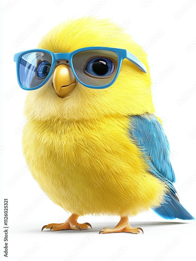 A yellow bird with blue and yellow feathers and glasses A yellow bird with blue and yellow feathers and glasses