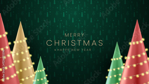 3D cylindrical podium christmas background with neon ball and christmas tree wall scene. Christmas greetings vector background design.