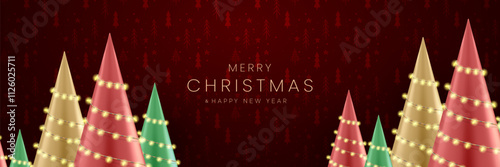 3D cylindrical podium christmas background with neon ball and christmas tree wall scene. Christmas greetings vector background design.