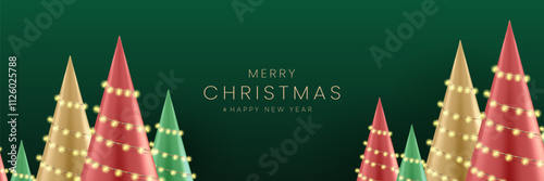 3D cylindrical podium christmas background with neon ball and christmas tree wall scene. Christmas greetings vector background design.