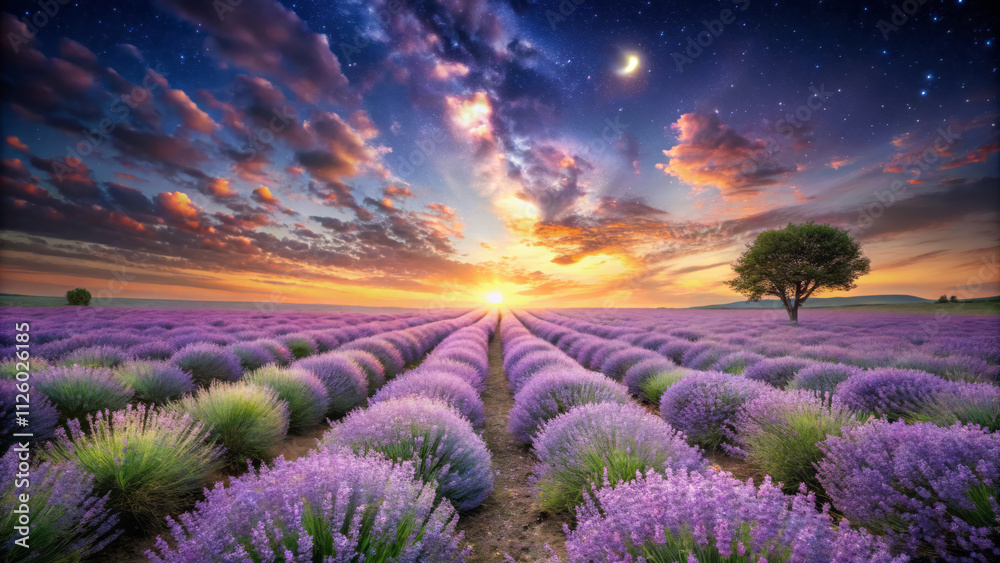 serene lavender field under twilight sky, with vibrant purple rows stretching toward horizon, illuminated by glowing sunset and starry night sky serene lavender field under twilight sky, with vibrant purple rows stretching toward horizon, illuminated by glowing sunset and starry night sky