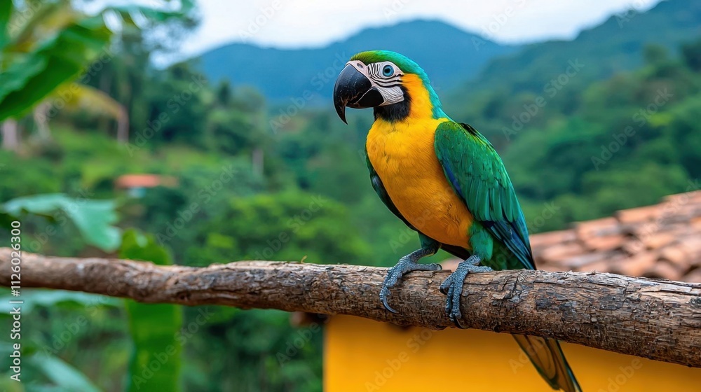 Naklejka premium A rustic farmhouse surrounded by a toucan perched on a branch. High Quality