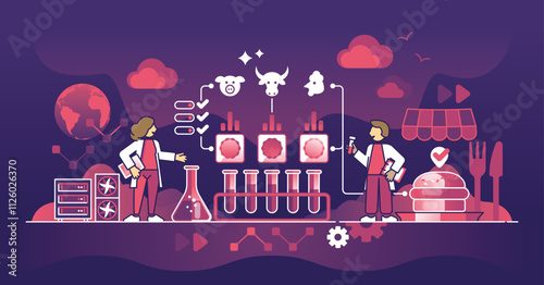 Lab-grown meat and cellular agriculture depicted with scientists, test tubes, and meat icons. Dark theme outline style illustration.