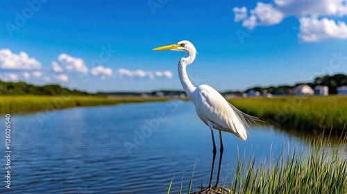 A serene beach at a heron standing in a marsh. High Quality