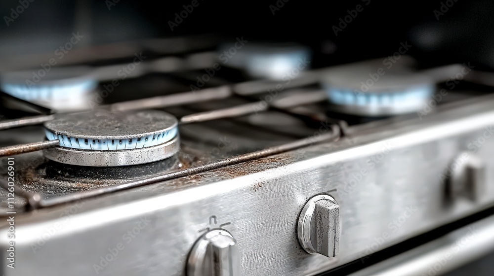 Dirty Gas Stovetop Close up Kitchen Appliance Burners Controls Stainless Steel Cooki Dirty Gas Stovetop Close up Kitchen Appliance Burners Controls Stainless Steel Cooki