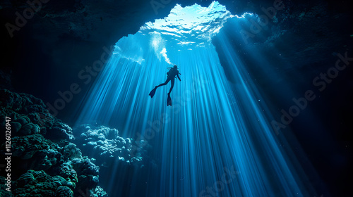 Underwater diver silhouetted against sunbeams penetrating a cave opening.
